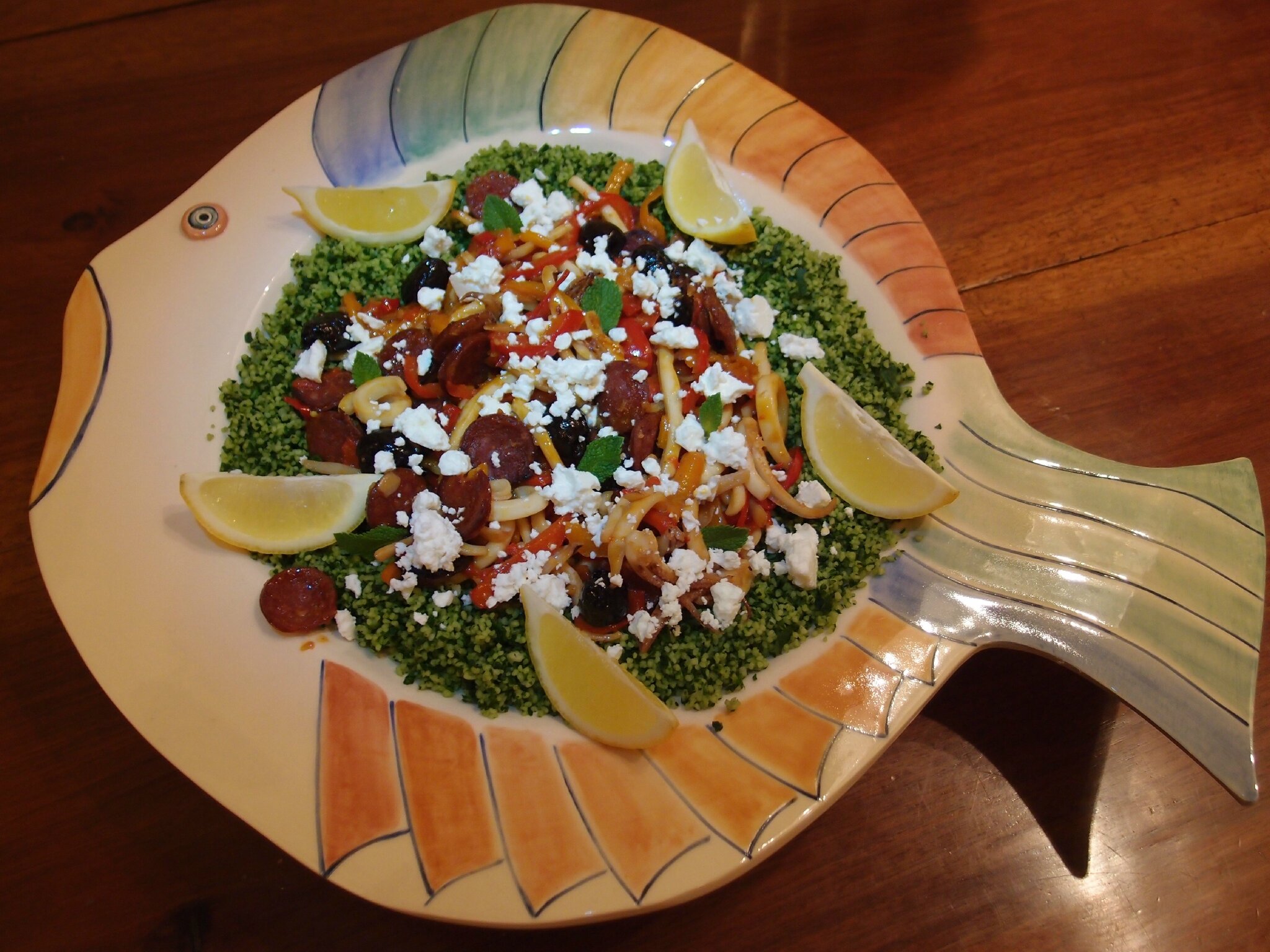 CALAMARS & CHORIZO, COUSCOUS A LA GRECQUE by JAMIE OLIVER YZA Foodista