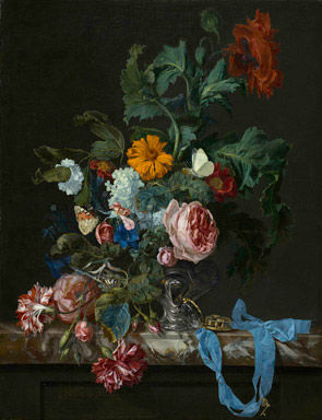 Flower with still life with a watch