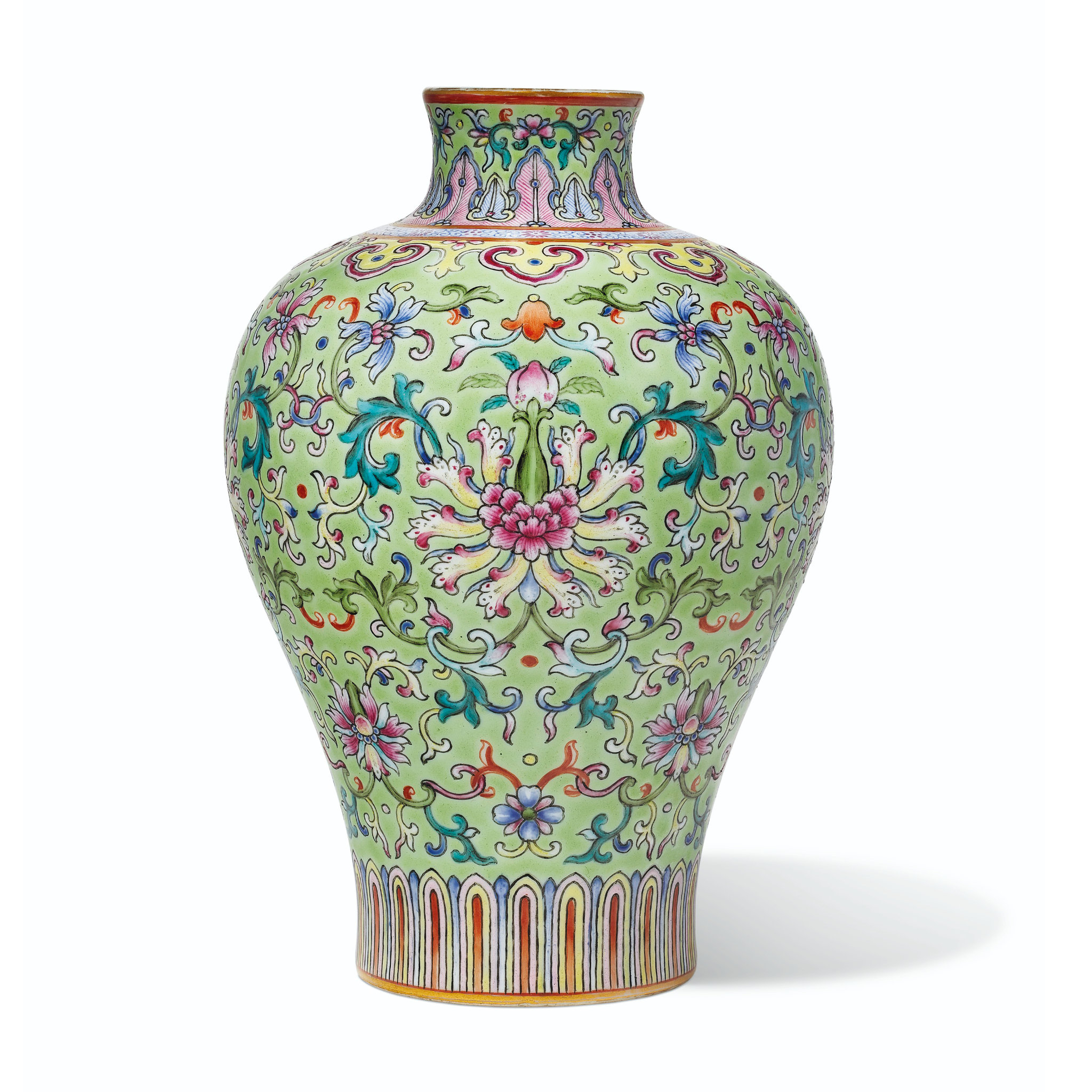 A rare small famille rose green-ground meiping, Jiaqing six