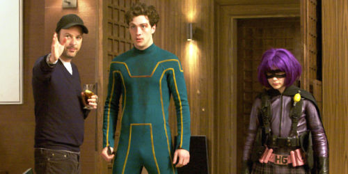 Matthew Vaughn, Aaron Johnson et Chloe Moretz sur le tournage de Kick-Ass