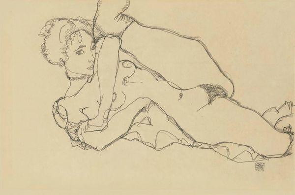 Schiele_Egon-Lying_nude_with_wearing_clothes_left_leg