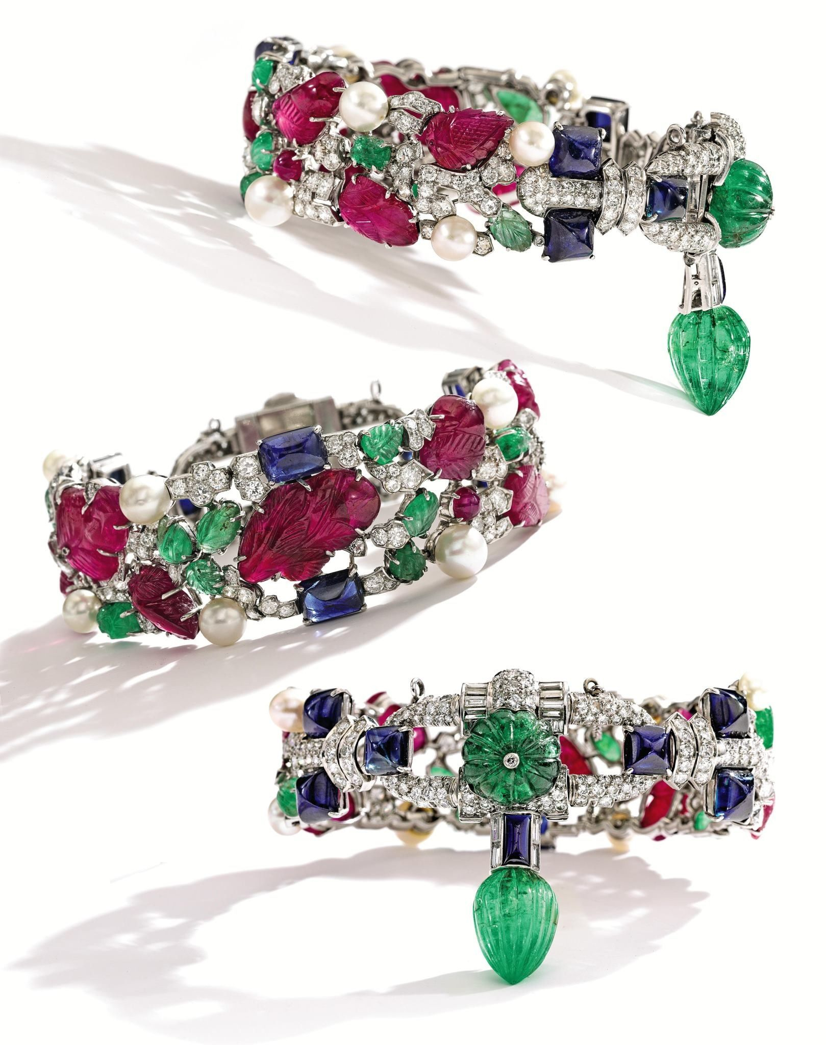 Platinum Carved Colored Stone Diamond and Pearl Tutti Frutti