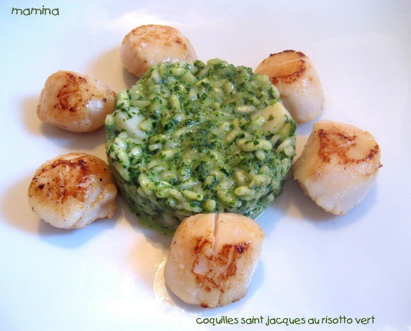 COQILLES SAINT JACQUES AU RISOTTO VERT