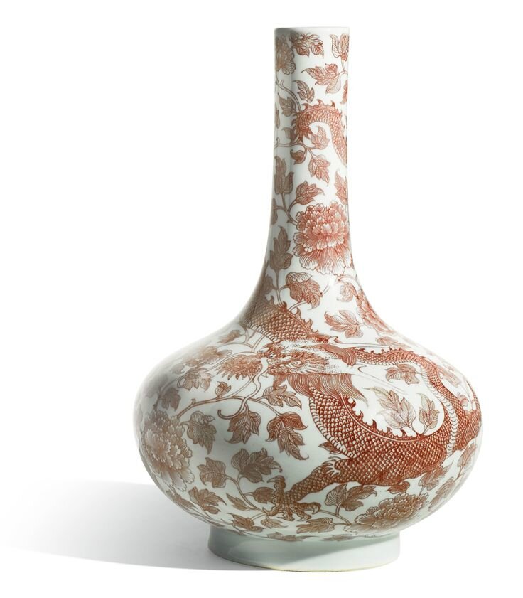 Copper-red Porcelain Octagonal Meiping Vase - Floral Design Copper-red Porcelain Octagonal Meiping Vase - Floral Design