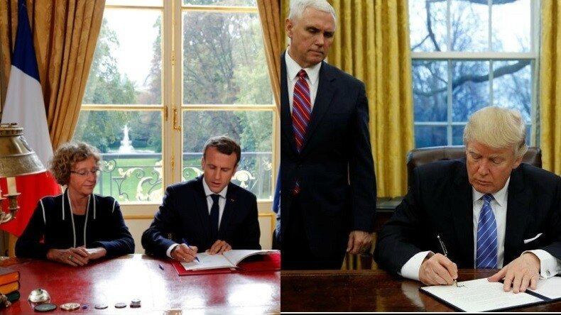 Uniformes et signatures face caméra : Emmanuel Macron adopte une communication à l'américaine Signature des ordonnances Macron