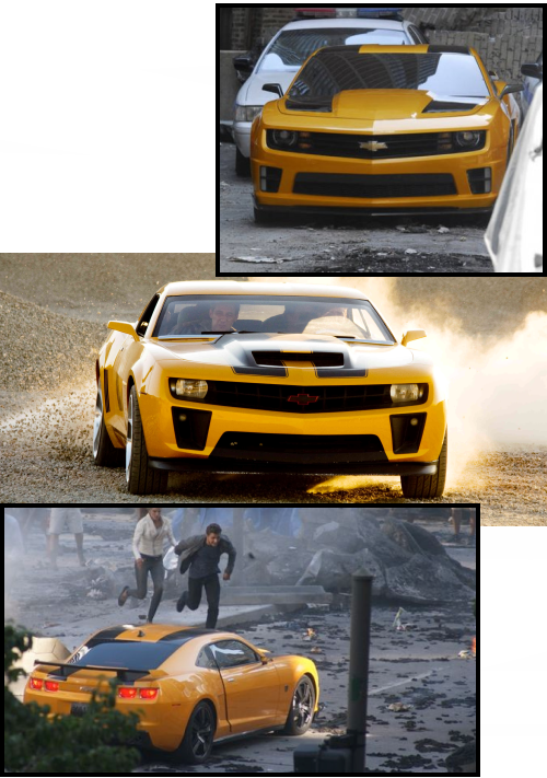 Au centre Bumbelbee dans Transformers 2 - En haut et en bas Bumbelbee dans Transformers 3