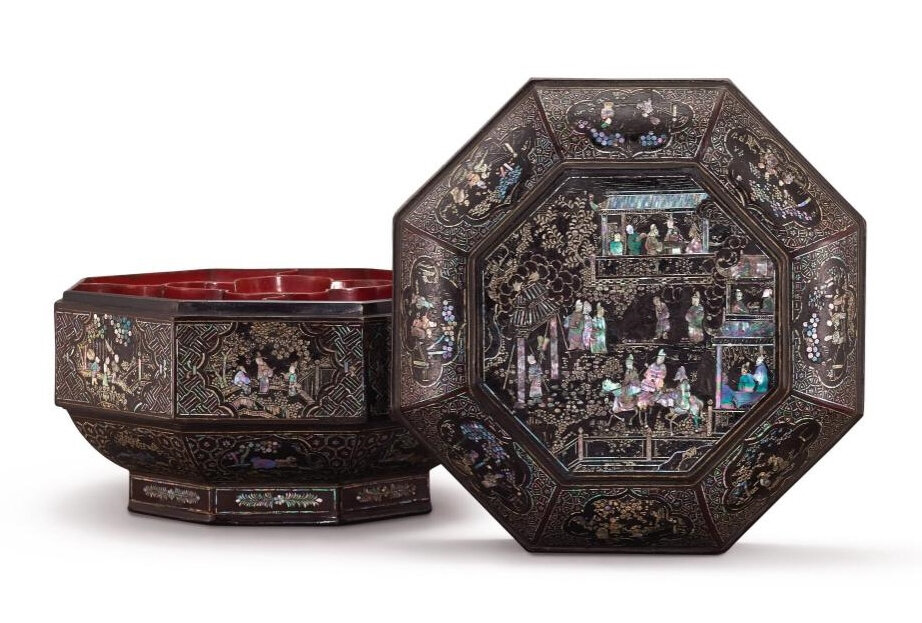 A mother-of-pearl inlaid lacquer 'figure' octagonal box and