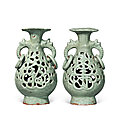 A <b>Longquan</b> <b>Celadon</b> Openwork ‘Felicity and Longevity’ Vase With Handles, Yuan Dynasty, 1271-1368