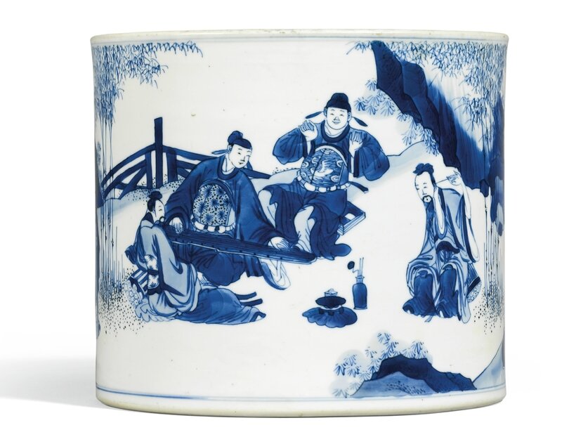 A Blue and White 'Seven Sages of the Bamboo Grove' Brushpot, Bitong, Qing dynasty, Kangxi period (1662-1722)
