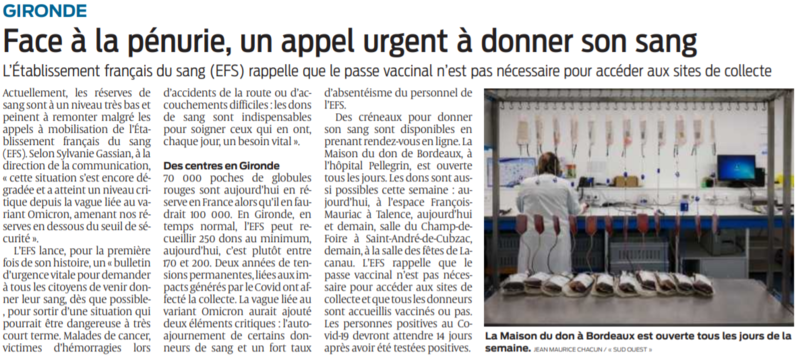 2022 02 10 SO Gironde Face à la pénurie un appel urgent à donner son sang