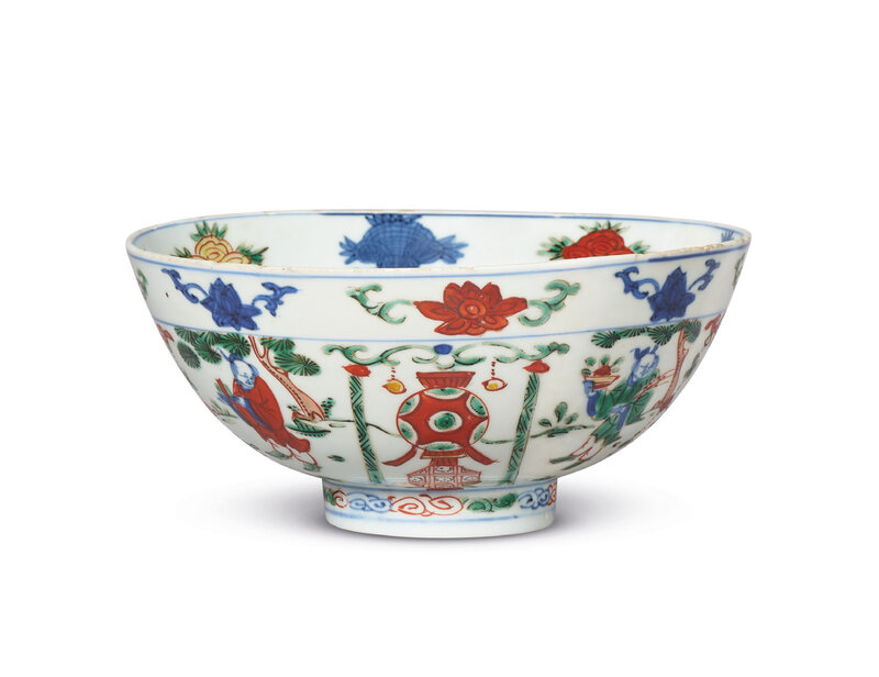 A rare wucai bowl, Wanli six-character mark in underglaze blue and of the period (1573-1619)