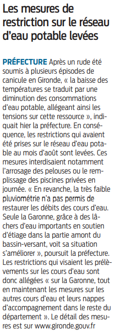 2022 09 29 SO Les mesures de restriction sur le réseau d'eau potable levées