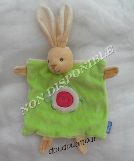 Doudou Plat Carré Marionnette Lapin Vert Beige Verso Ecru Broderie Tortue Rose Ecru Kaloo