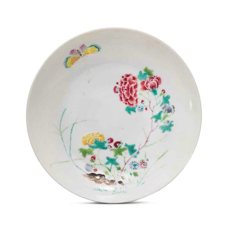 A famille rose boneless-style ‘Butterfly and Peony’ dish, Yongzheng six-character mark in underglaze blue within double circles and of the period (1723-1735)