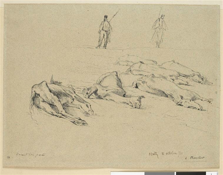 Barillot, six chevaux morts et deux sentinelles (dessins, Metz, octobre 1870)