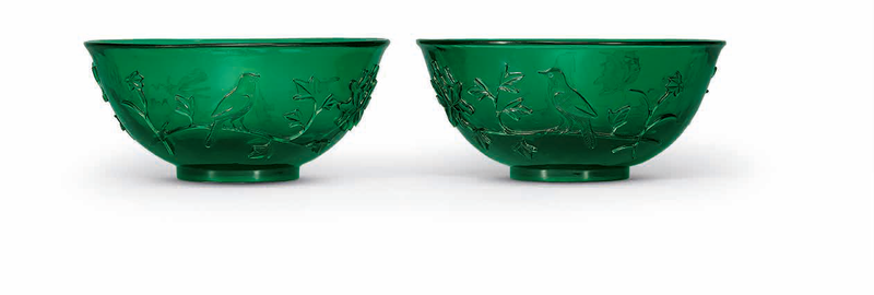 A pair of carved green glass bowls, Qing dynasty, 19th century