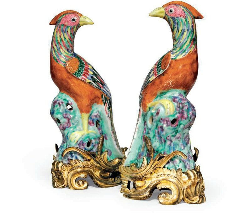A large pair of famille rose pheasants, 18th century, on later ormolu bases