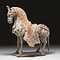 A painted well-modelled pottery figure of a <b>caparisoned</b> <b>horse</b>, Eastern Wei dynasty (534-550)