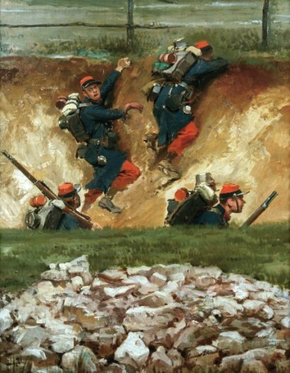 Detaille et De Neuville, Panorama de Champigny, soldats du 122 dans un chemin creux