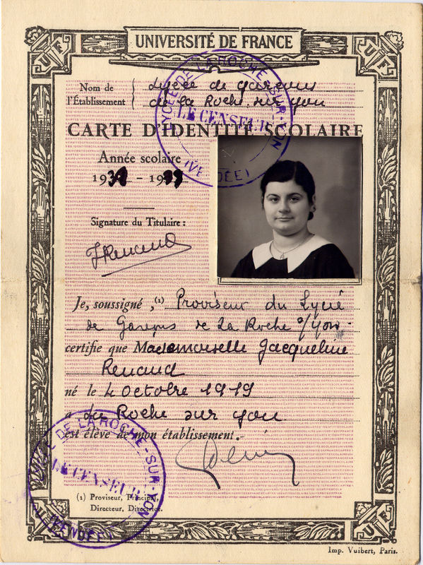 1938, carte d'identité scolaire
