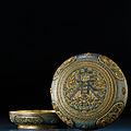 An important and exceedingly rare pair of cloisonne and <b>champleve</b> <b>enamel</b> gilt-bronze circular 'Chun' boxes and covers, Qianlong 