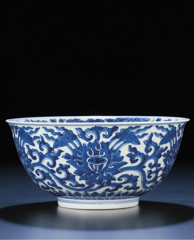 A fine blue and white 'lotus' bowl, Kangxi six-character mark within double-circles and of the period (1662-1722)