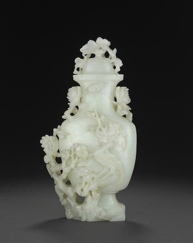 A large white jade 'bird and flower' vase and cover, Late Qing-Republic period