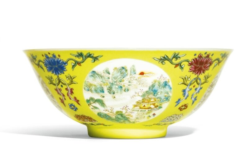 A fine and rare yellow-ground famille-rose 'medallion' bowl, Daoguang seal mark and period