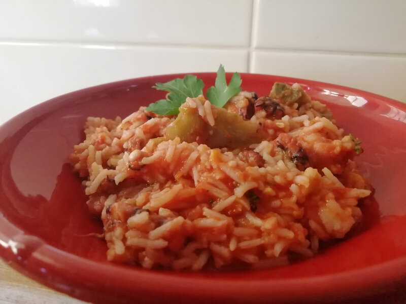 riz à la, tomates artichaut et poulpe