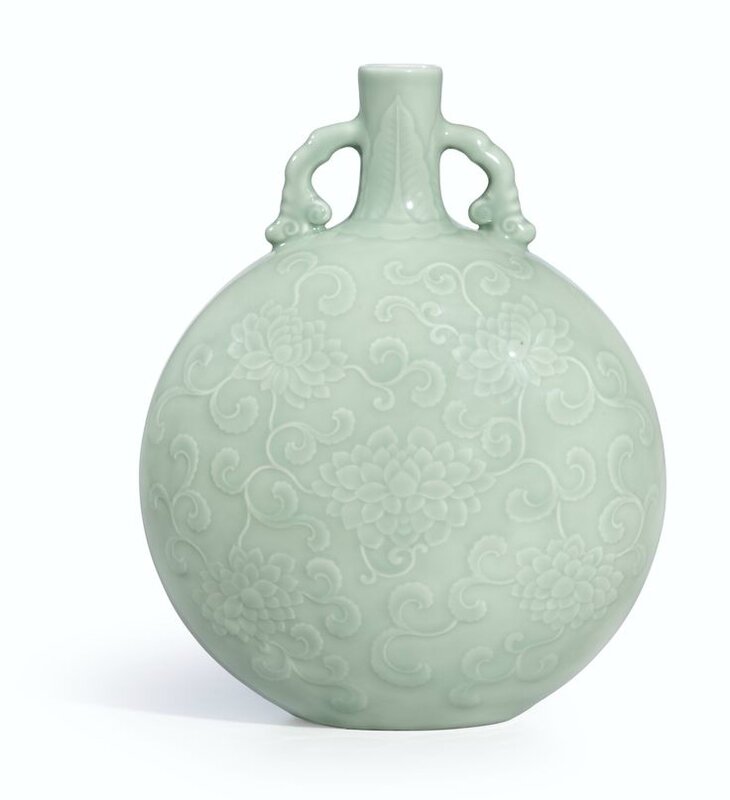 A magnificent and very rare carved celadon-glazed moonflask, Seal mark and period of Yongzheng