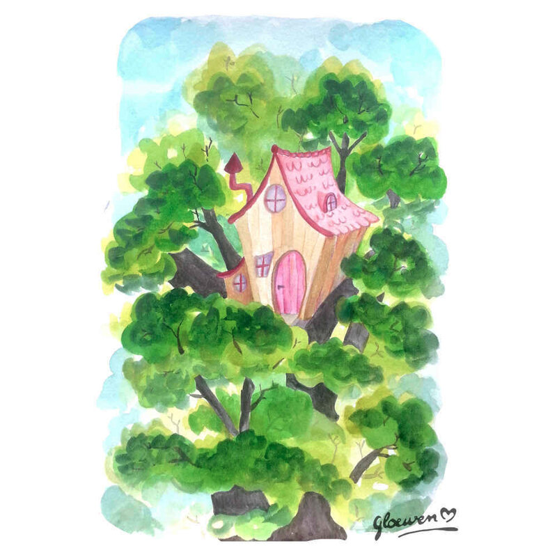 Cabane dans un arbre à l'aquarelle