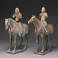 A pair of <b>painted</b> <b>pottery</b> <b>figures</b> of horses and riders, Sui-Early Tang dynasty