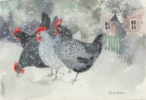 LESLEY-HOLMES-BRITISH-B-1958-FOUR-MARAN-CHICKENS-IN-THE-SNOW-OUTSIDE-A-COTTAGE-WATERCOLOUR-PRINTED-ARTIST-S-LABEL-VERSO-SIGNE_1567203232_4957