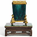 A turquoise-<b>glazed</b> square vase <b>and</b> <b>green</b> <b>and</b> <b>aubergine</b>-<b>glazed</b> stand; the vase 18th century, the stand 18th-19th century