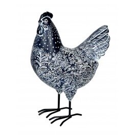 poule-metal-resine-modele-noir-bleute-h-25-cm
