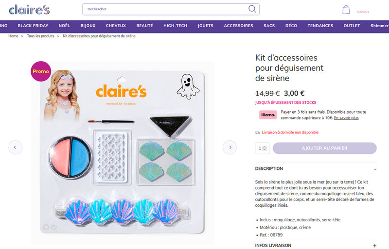 Kit maquillage sirène Claire's - capture d'écran fiche produit sur site - novembre 2022