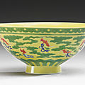A yellow ground 'Bats' bowl, Yongzheng mark <b>and</b> period (1723-1735)