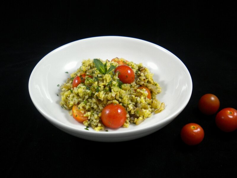 Salade de boulgour, aubergine, tomates,