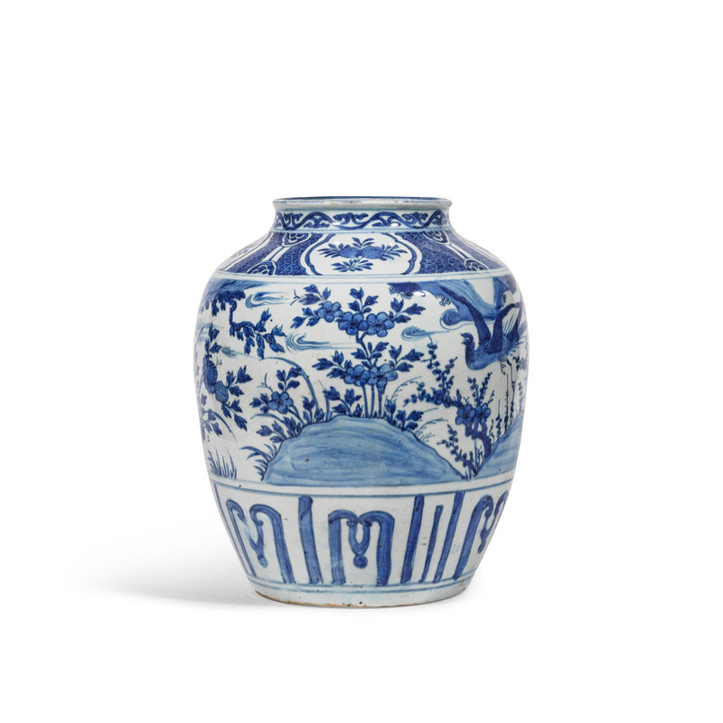 A large blue and white 'pheasant' jar with flowers and trees, Wanli period (1573-1620)