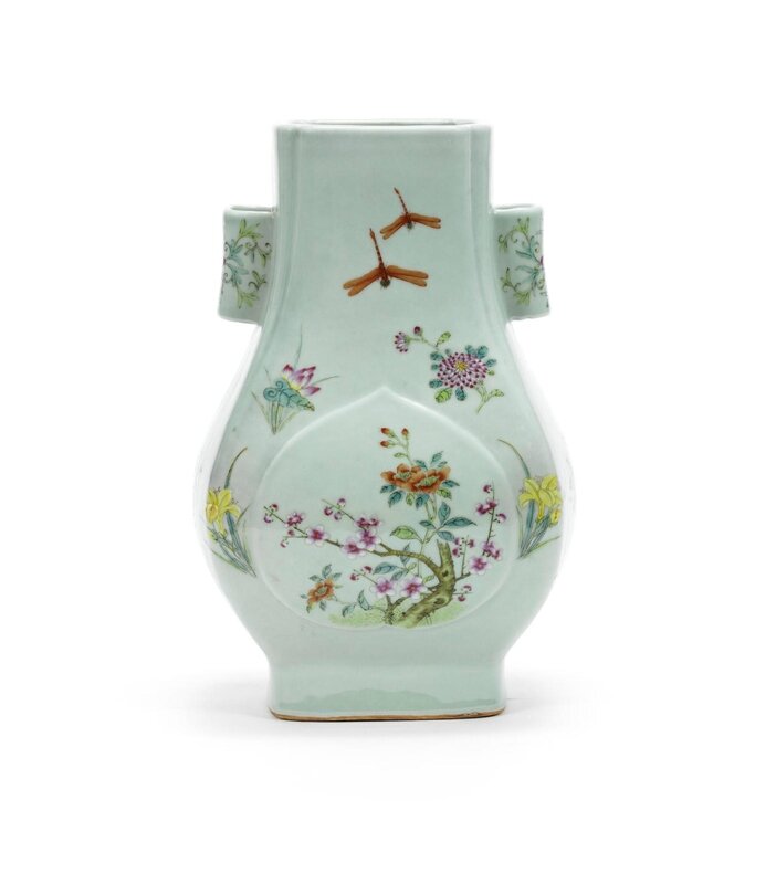 A famille rose celadon-ground vase, hu, Guangxu six-character mark and of the period (1875-1908)