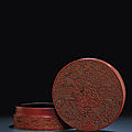A rare carved <b>cinnabar</b> lacquer circular 'cranes' box and cover, Jiajing six-character mark and of the period (1522-1566)