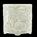 A finely carved white jade 'tribute bearers' brushpot, Qing dynasty, <b>Qianlong</b> <b>period</b>