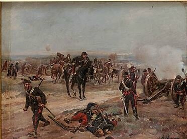 Dupray, batterie d'artillerie, attaquant un village (1870)