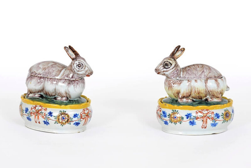 Pair of Polychrome Crouching Hare Tureens and Covers, Delft, circa 1765