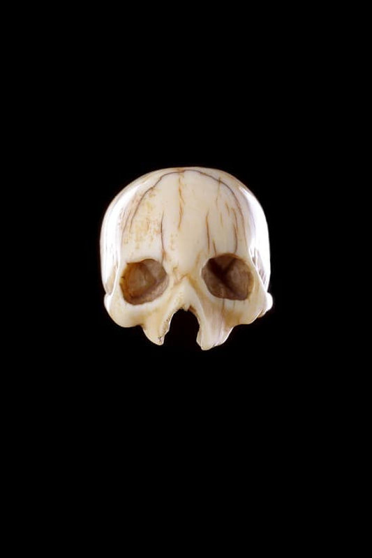 German Small Carved Ivory Memento Mori. Terminal Rosary Bead in the Form of a Skull, 17th Century