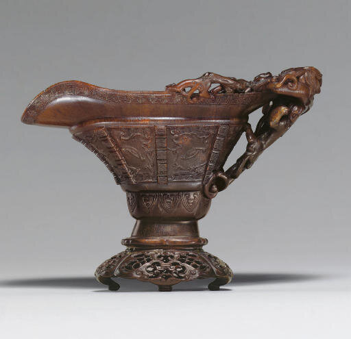A rhinoceros horn archaistic libation cup, 17th-18th century