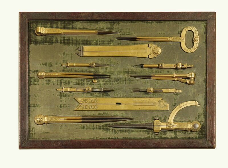 Ensemble de huit instruments à dessiner en laiton doré et acier, fin du XVIIe siècle, Signé iacobus Lusuerg et daté1683
