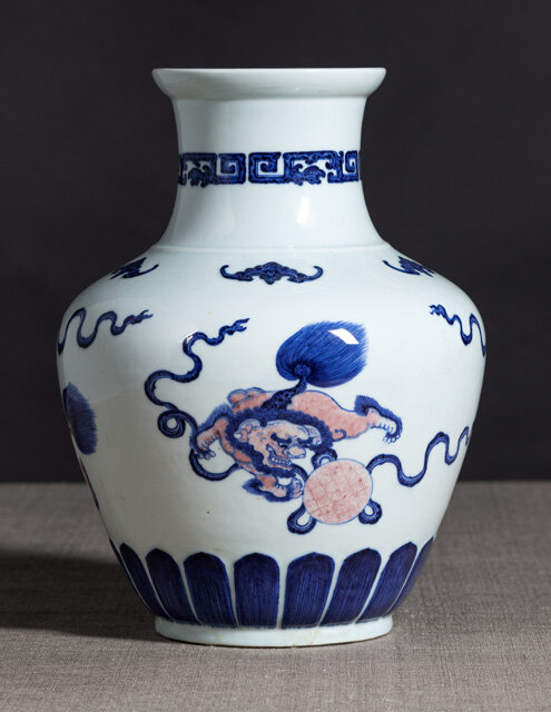 A highly unusual blue and white 'Buddhist Lion' vase, underglaze blue Qianlong six-character seal mark and possibly of the period (1736-1795)