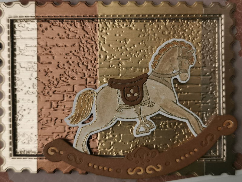 1d Carte de voeux Rocking horse, Poinçons timbres intemporels et rectangles coutures
