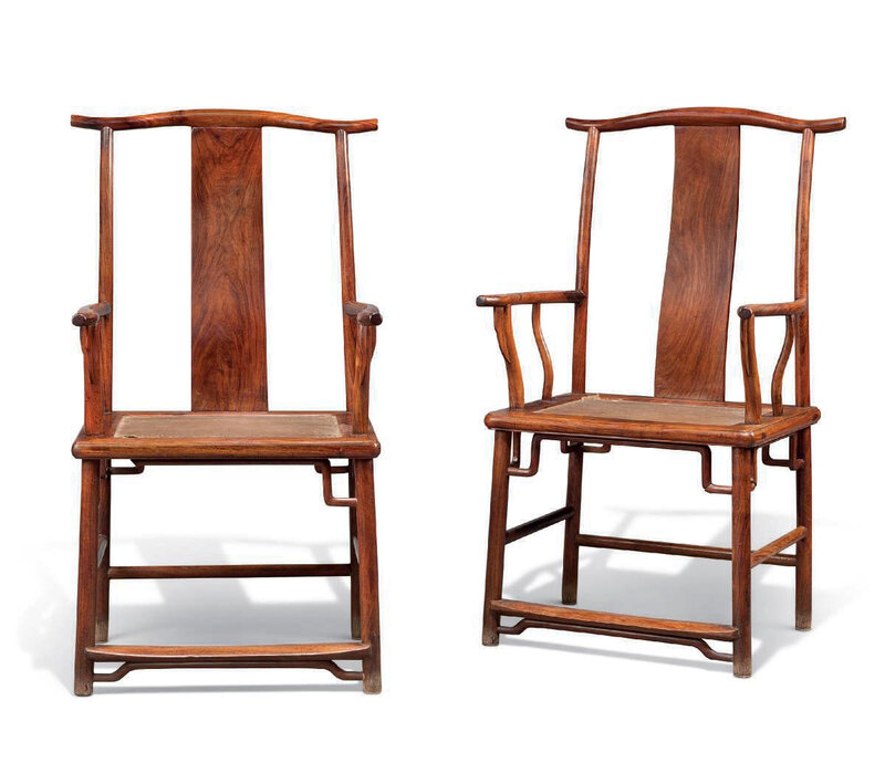 A pair of huanghuali yokeback armchairs (sichutou guanmaoyi), 19th century